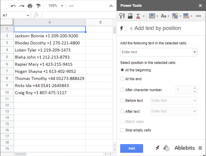 Add text by position with Ablebits add-on.