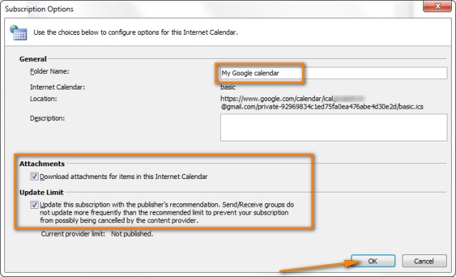 Name the imported calendar and make sure the Update Limit checkbox is selected.