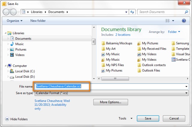 Type a name for the iCal file in the File Name field. 