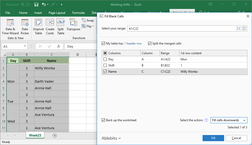 Run the add-in and select to fill cells downwards