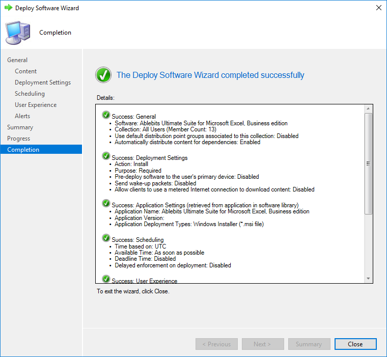 The Deploy Software Wizard completed succesfully