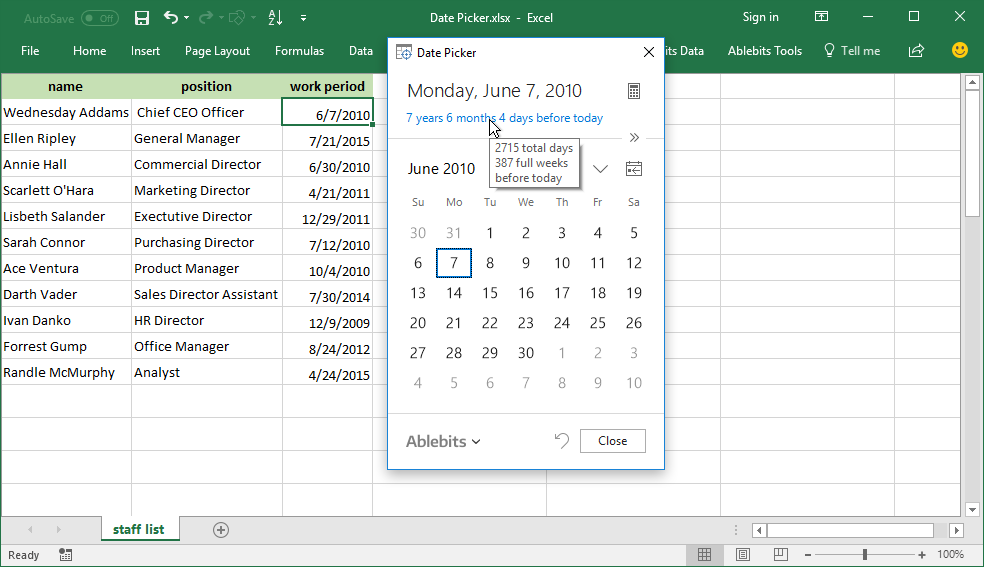 See the number of years, months, and days from the chosen date to the current day