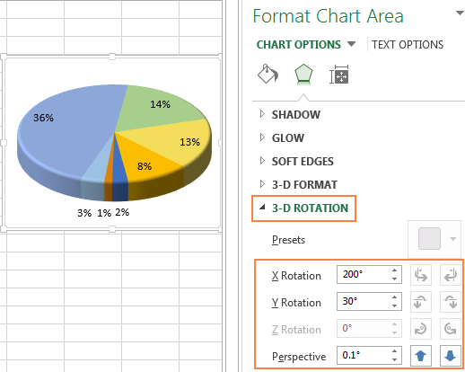 Configuring the 3-D Rotation options for a 3-D pie