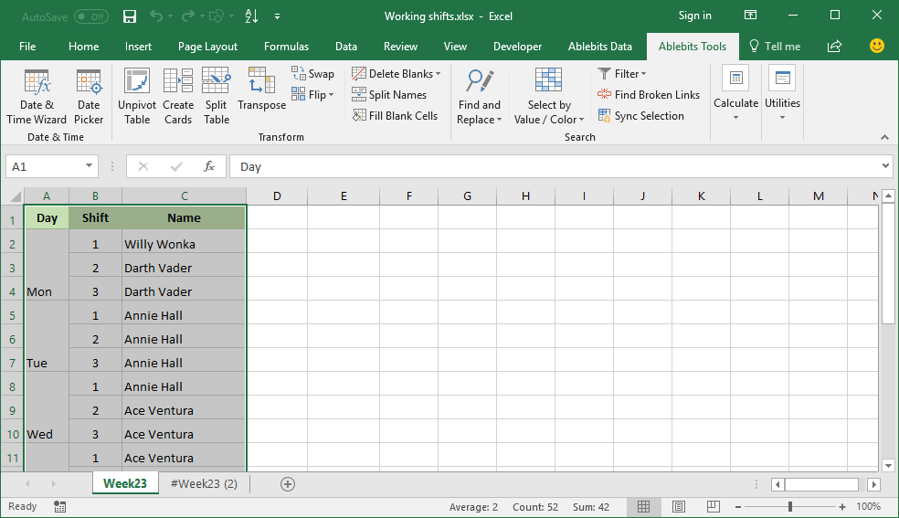 Empty cells are filled with value below