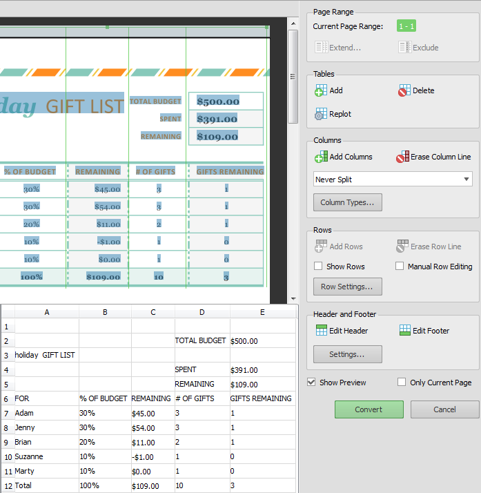 Adjusting the PDF tables prior to conversion