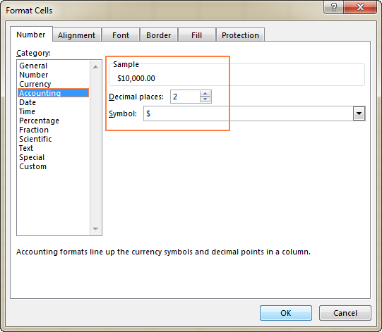 Excel Accounting format options