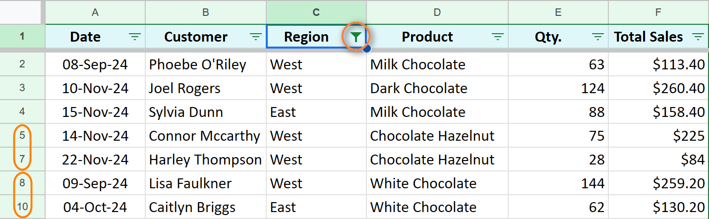 Different icon and missing row numbers indicate the active filter.