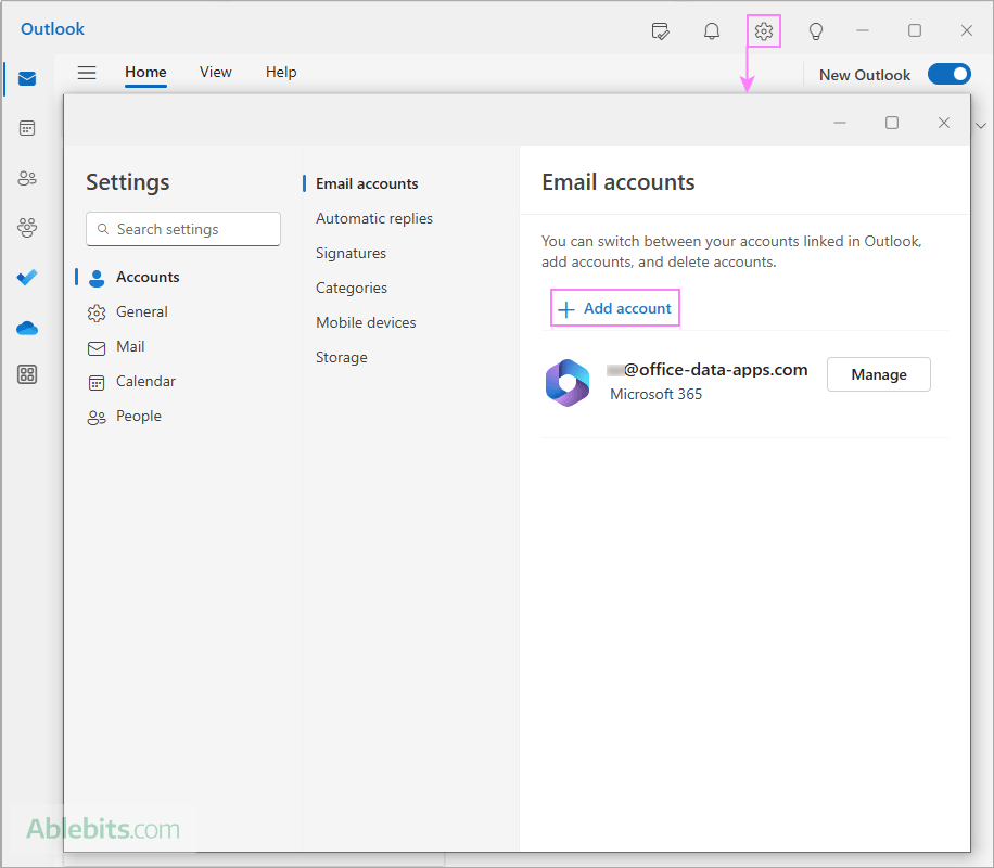 Add an email account in the new Outlook.