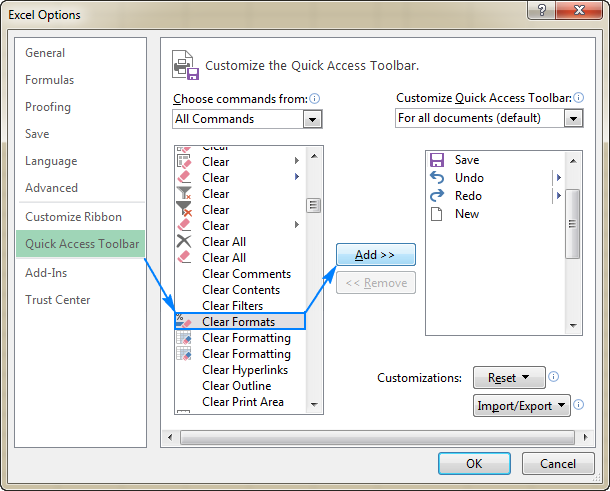 Adding the Clear Formats option to the Quick Access toolbar