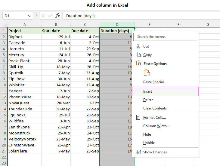 Add a column in Excel.