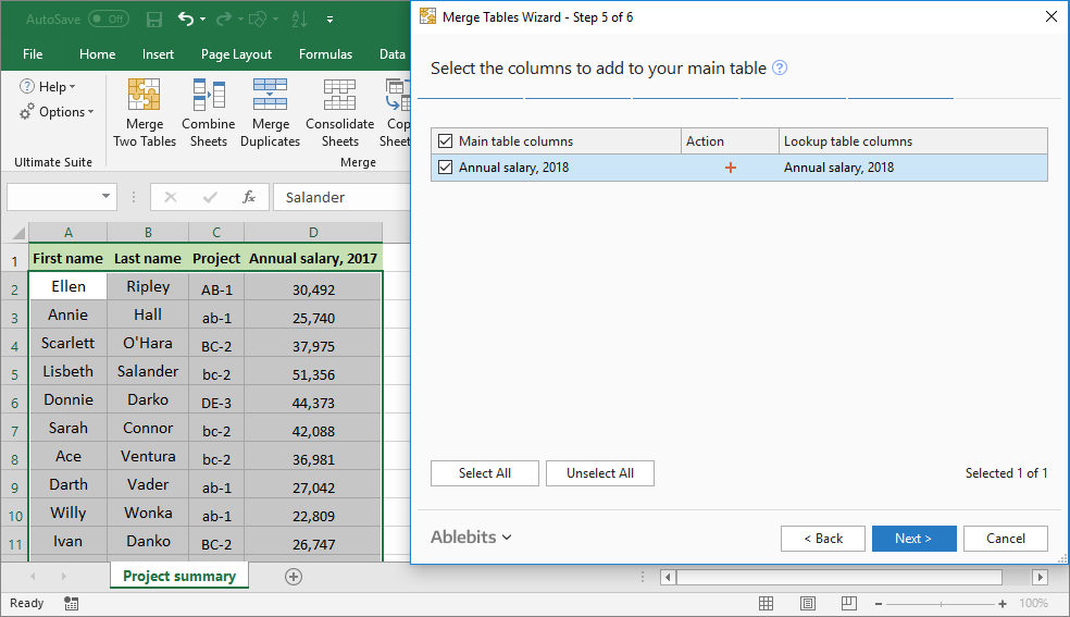 Choose the columns to add to the main table from the lookup table.