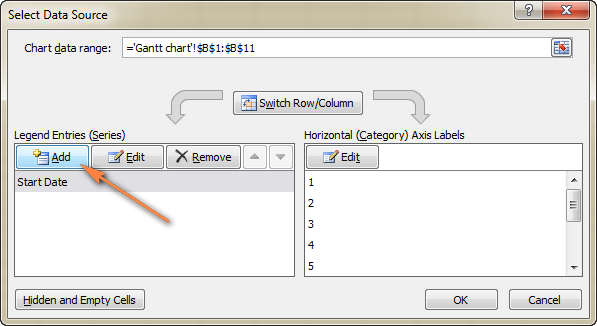 Click the Add button to select more data for the Gantt chart.