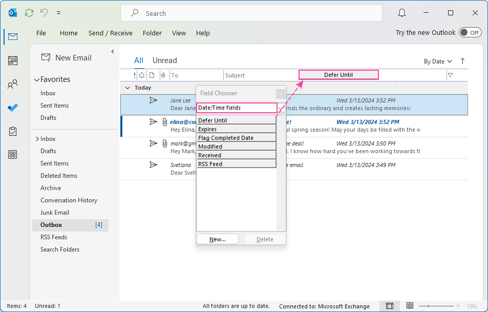 Add the Defer Until column to the Outbox view.