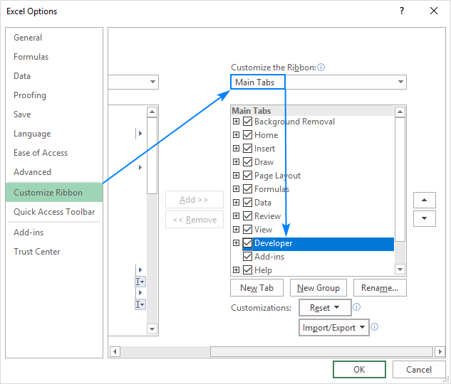 Adding the Developer tab in Excel