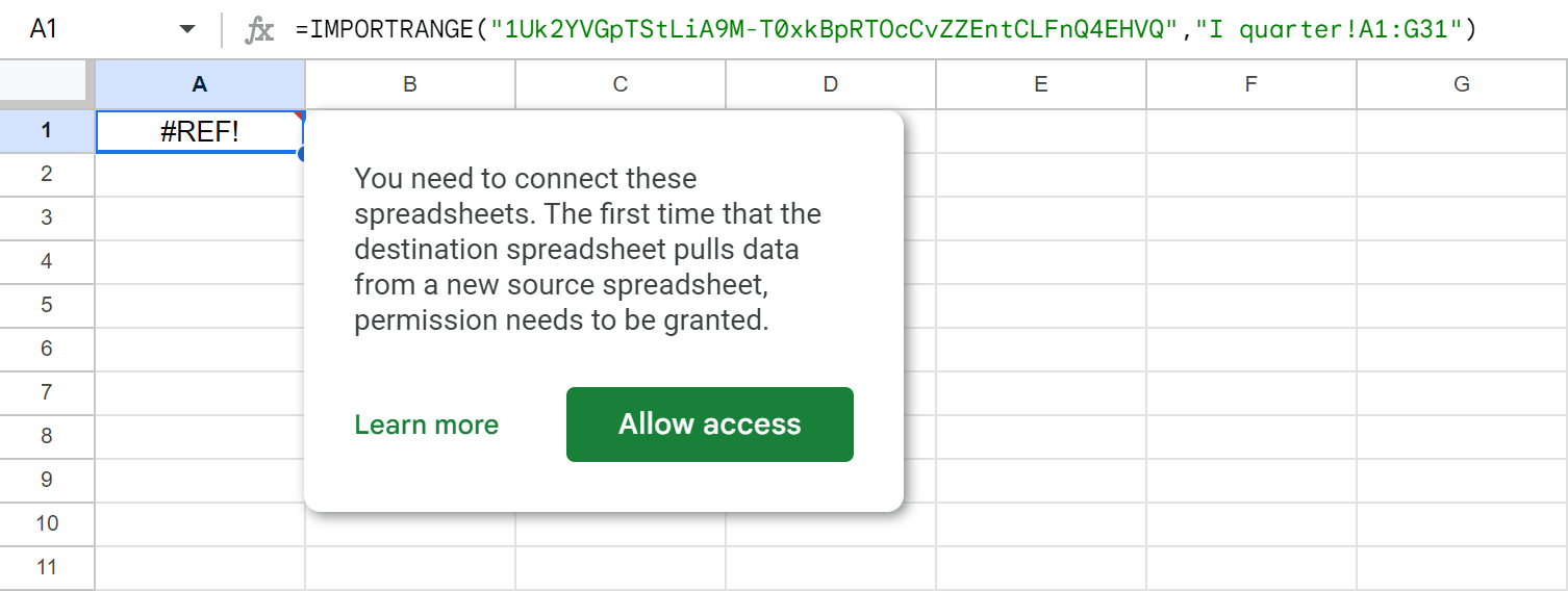 Add IMPORTRANGE and grant it access.