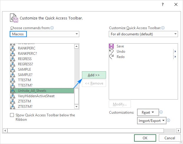 Adding a macro to the Quick Access Toolbar in Excel