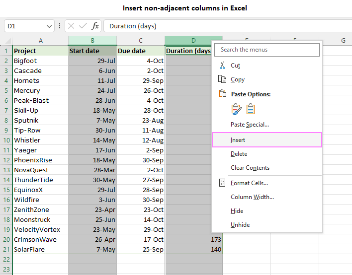 Add non-adjacent columns in Excel.