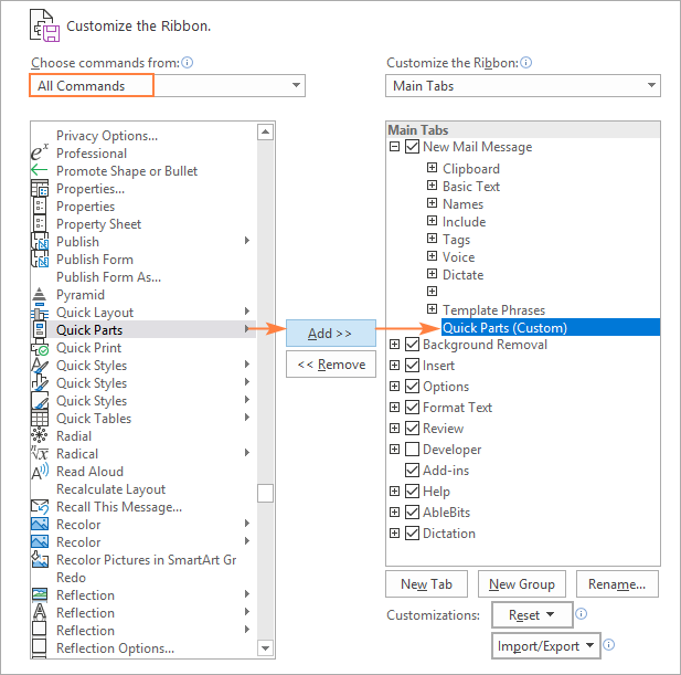 Adding Quick Parts to the Message tab of the Outlook ribbon