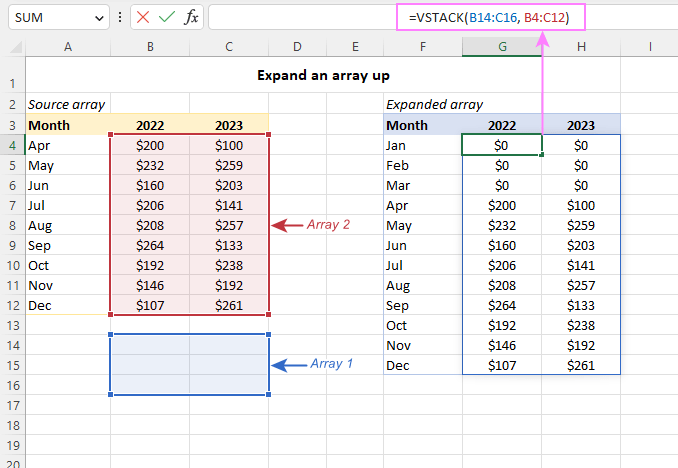 Add rows above the array.