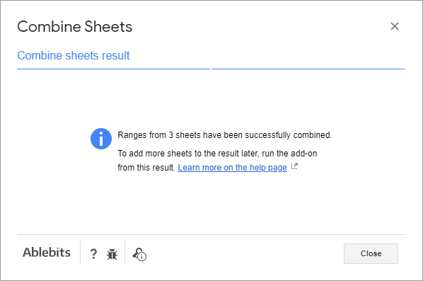 Add more sheets to the existing data – result message.