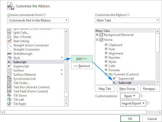 Adding the Subscript and Superscript buttons to Excel ribbon