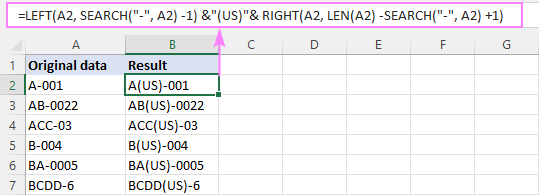 Inserting text before a specific character