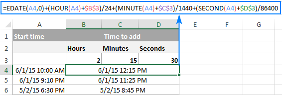 Formula to add hours, minutes and seconds to time in Excel