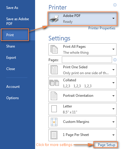 The page setup options provided by Adobe PDF printer