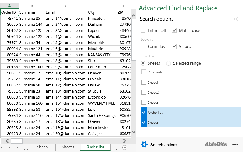 Choose the kind of data and sheets for the search.