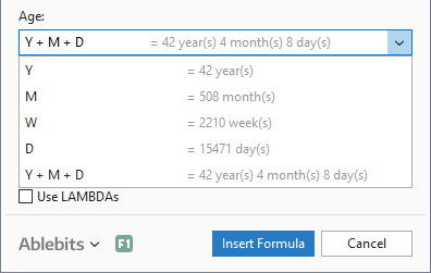 Select the way to calculate age in Excel.