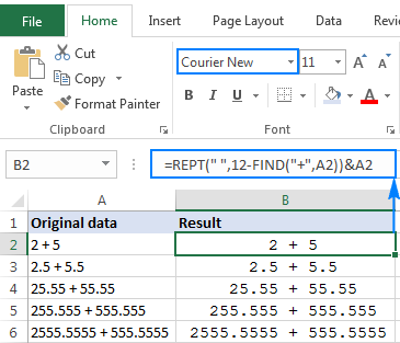 Numbers are aligned in a column by the plus sign.