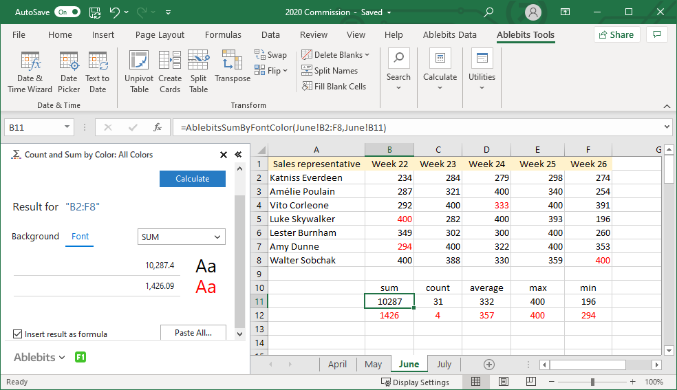 Count and sum cells, find average, maximum and minimum by all font colors