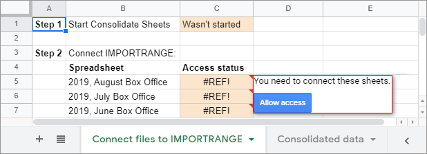 Allow IMPORTRANGE access to all spreadsheets you consolidate.