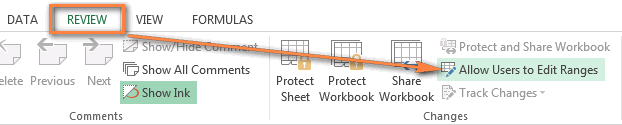 Select the range your users can edit, go to the Review tab and click 'Allow Users to Edit Ranges.