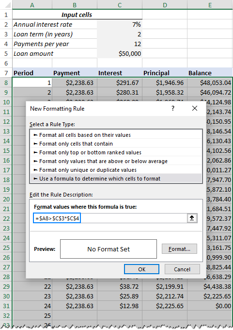 Set up a conditional formatting rule to hide unused period numbers.