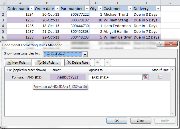 An example of using the =AND formula