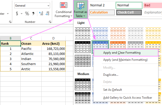 Clear existing formatting and apply the selected table style.