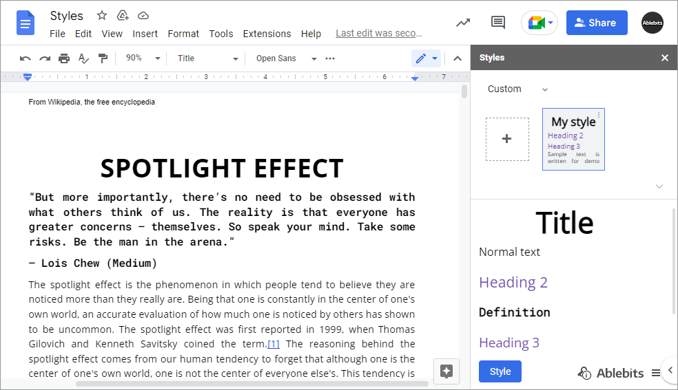  …or create and apply your custom Google Docs styles.