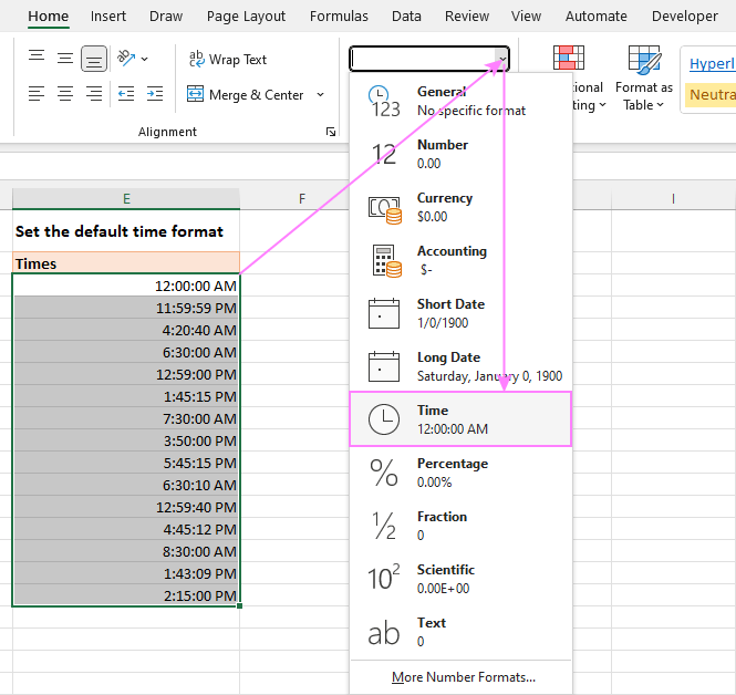 Apply the default time format in Excel