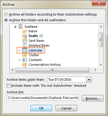 To manually archive Outlook calendar, select the Calendar folder.