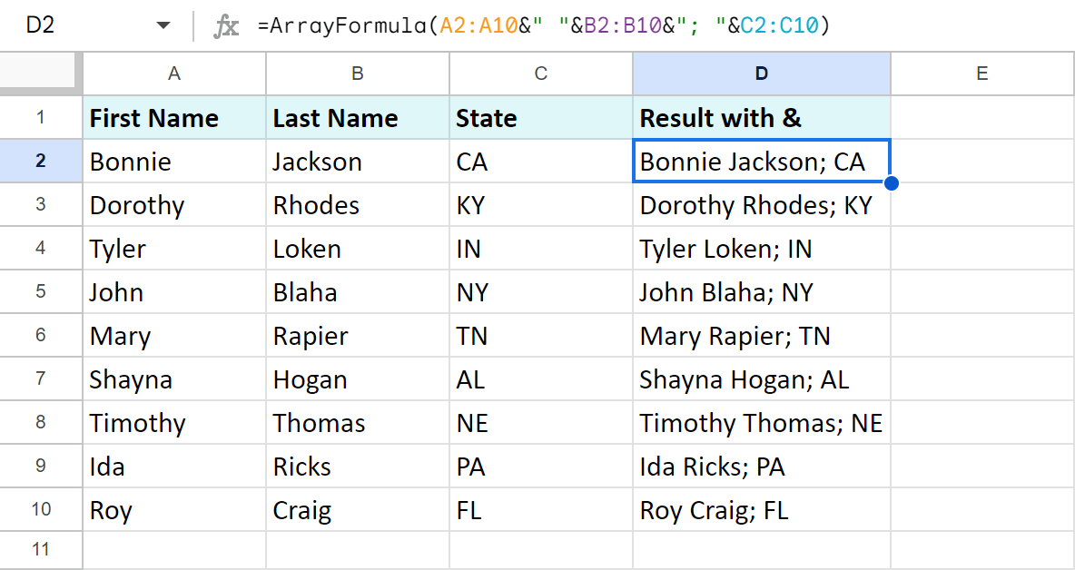 Use the ampersand in the array formula to merge cells in Google Sheets.