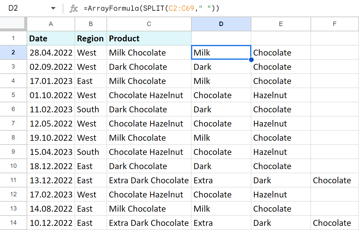 Separate text in the whole Google Sheets column at once using ARRAYFORMULA.