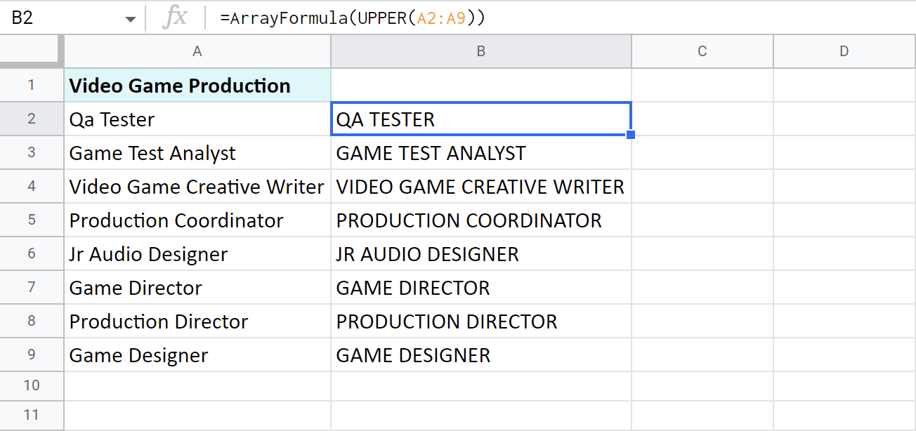 Use ArrayFormula in Google Sheets to turn the entire column to upper case.