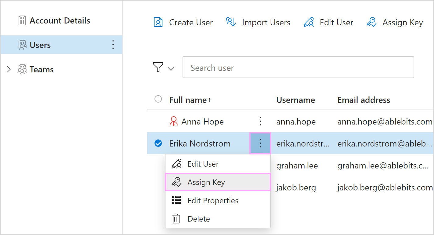 Assigning a subscription key via the More menu