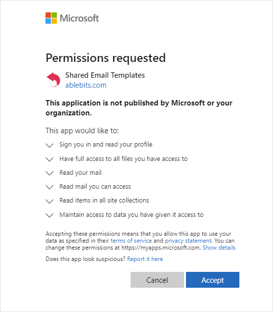 Permissions requested when you're attaching a file from SharePoint with a macro