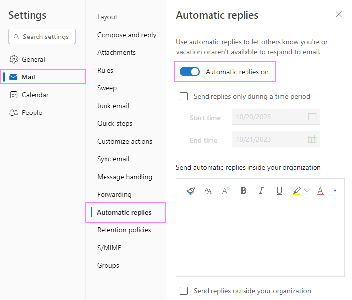 Create auto reply in Outlook on the web and Outlook.com.