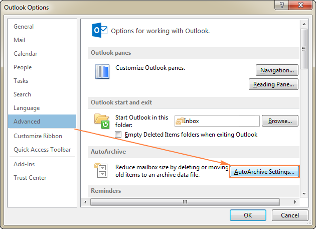 Click File > Options > Advanced > AutoArchive Settings...