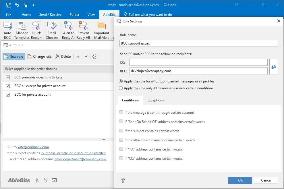 Create a simple BCC rule to apply for all outgoing emails