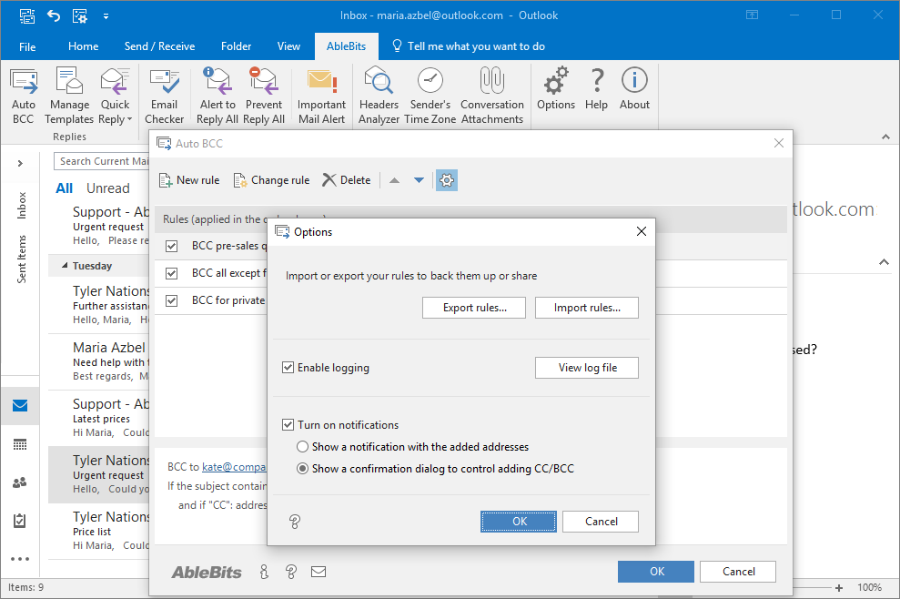 Export or import your Auto BCC rules to share or back them up