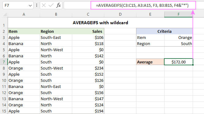 AVERAGEIFS wildcard formula based on partial text match